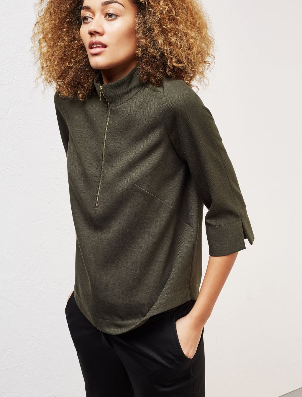 Cefinn Zip Funnel Neck Boxy Top - Khaki