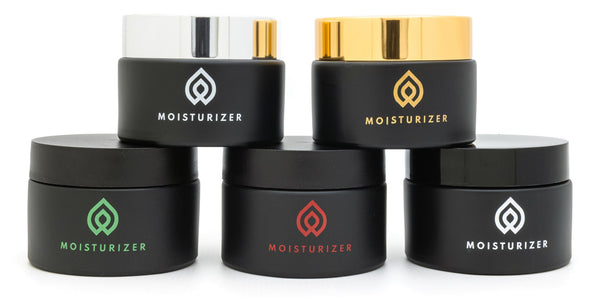 Black jars with different color logos