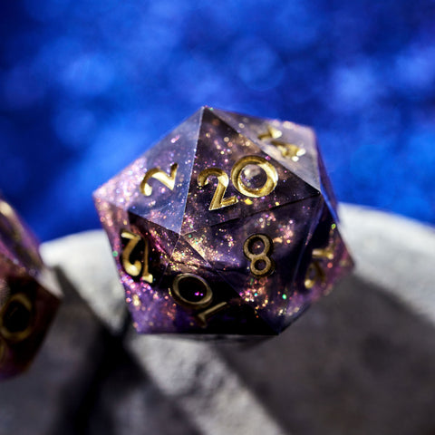 Purple d20 with gold numbering on a blue background