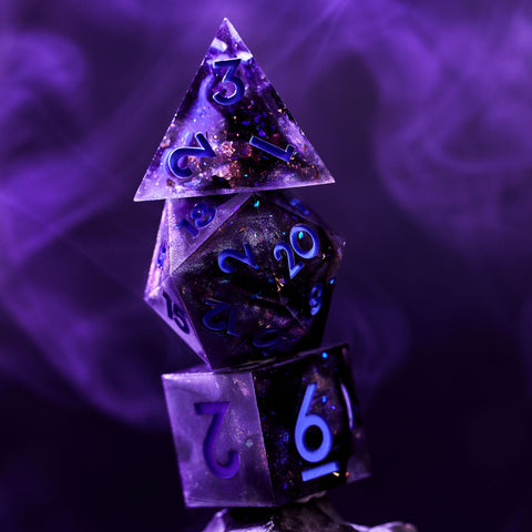 Purple & Blue Iridescent Dice (D20, D%, D6) on a gold background