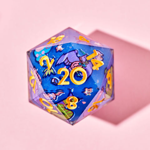 Blue Dice (D20) w/ Yellow Numbers & Animals