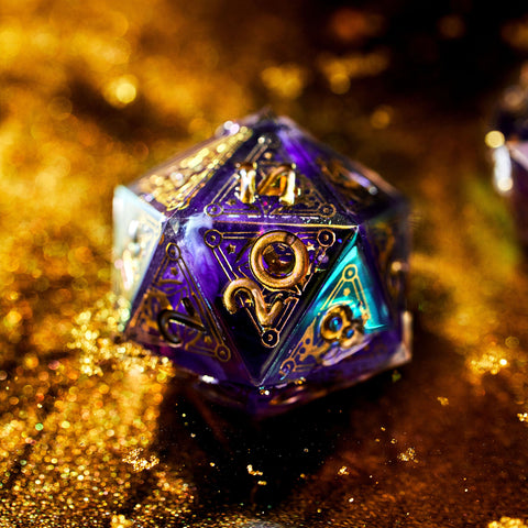 Purple Dice (D20) w/ Gold Numbering On Gold Background