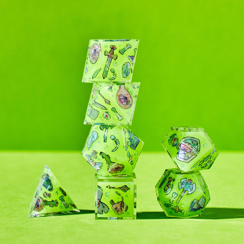 Green gaming dice with axe and skull illustrations stacked on a green background