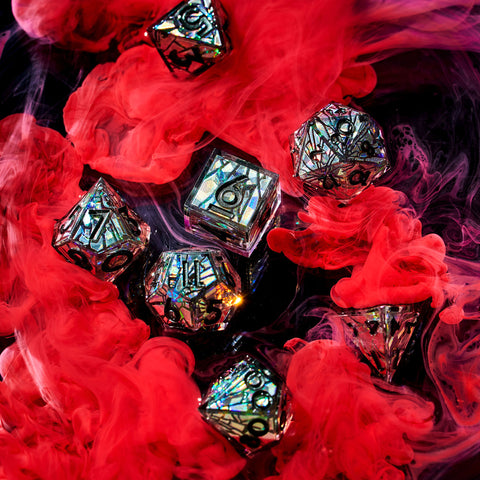 Silver set of dnd dice on a red smoke background