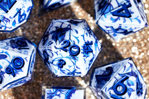 Qinghua pottery inspired DnD gaming dice for tabletop roleplayers