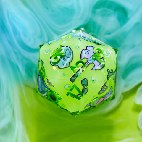 Green gaming d20 with axe and skull illustrations on a watery background