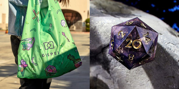 Green Gelatinous Cube tote bag and purple d20 with gold numbers