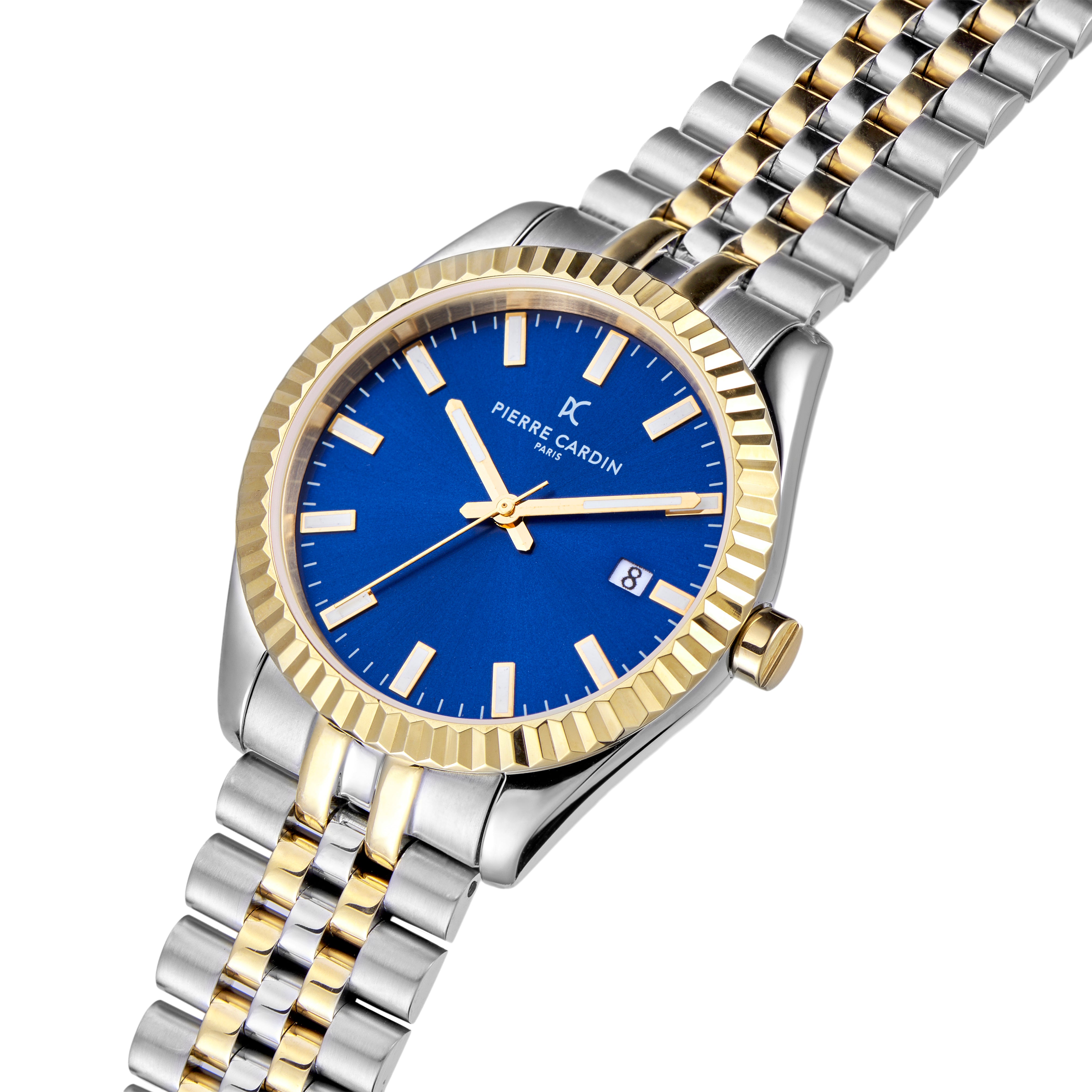 Opera Stainless Steel Date Watch with Fluted Bezel and Blue Dial