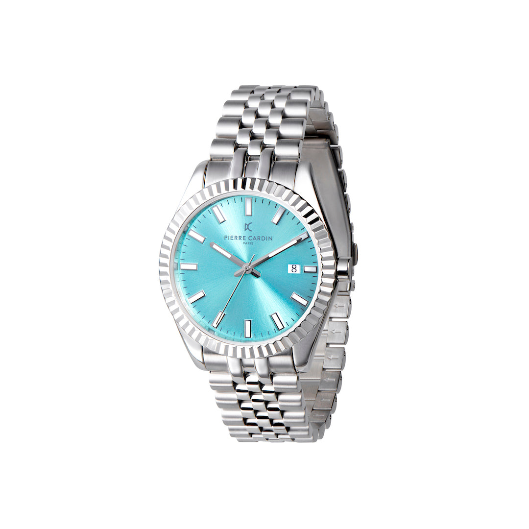 Opera Stainless Steel Date Watch with Fluted Bezel and Blue Dial – Pierre  Cardin Watches