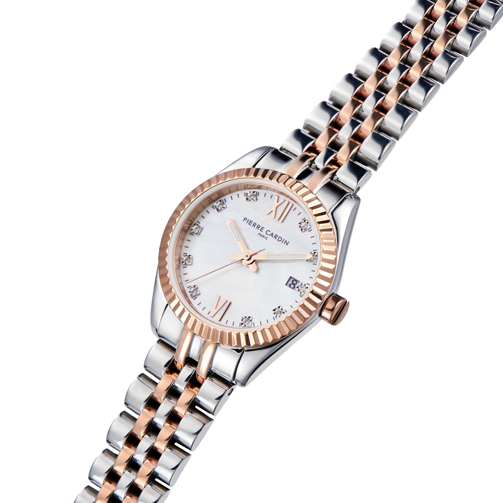 Opera Stainless Steel Date Watch with Fluted Bezel and Crystals on a M –  Pierre Cardin Watches