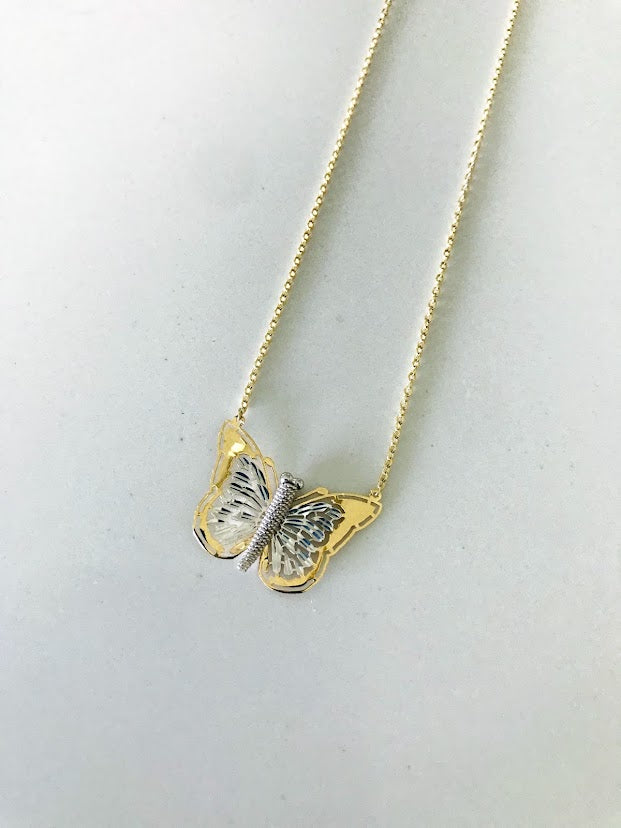 14K Yellow Gold Mini Butterfly Pendant Necklace， 16 To 18