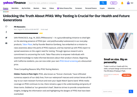 Yahoo Finance features Tabor Place PFAS: The Lead of our generation