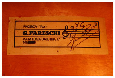 Inside label – Italian Double Bass by Gabriele Pareschi, Piacenza anno 1979