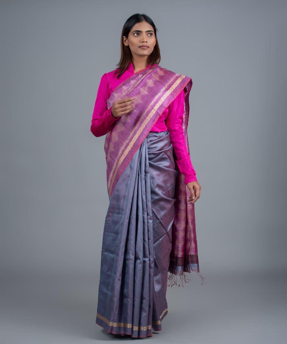 Salmon eri tussar silk saree with black border and anchal - OdishaWeaves