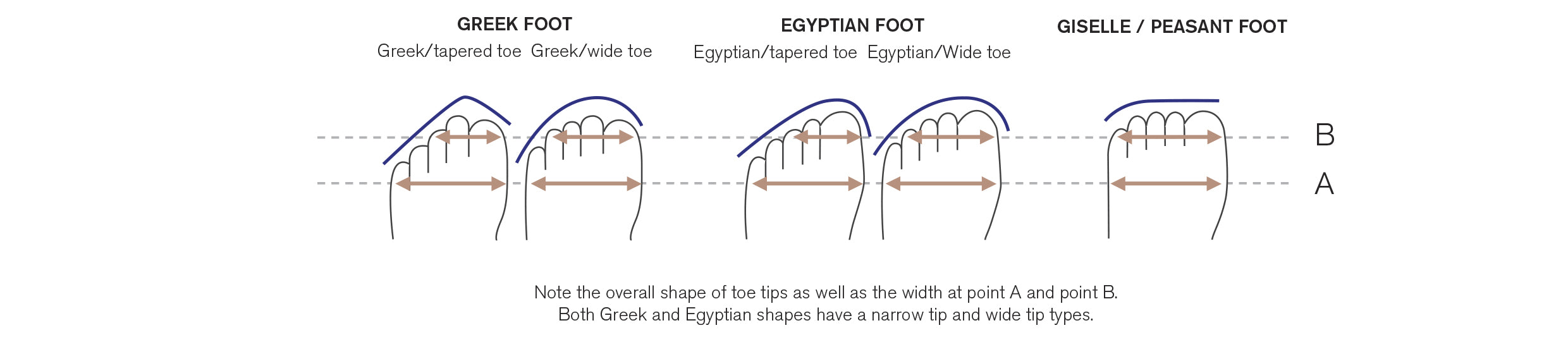 Illustration showing Greek, Egyptian and Giselle foot shapes