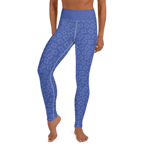 blue yoga pants on model below torso