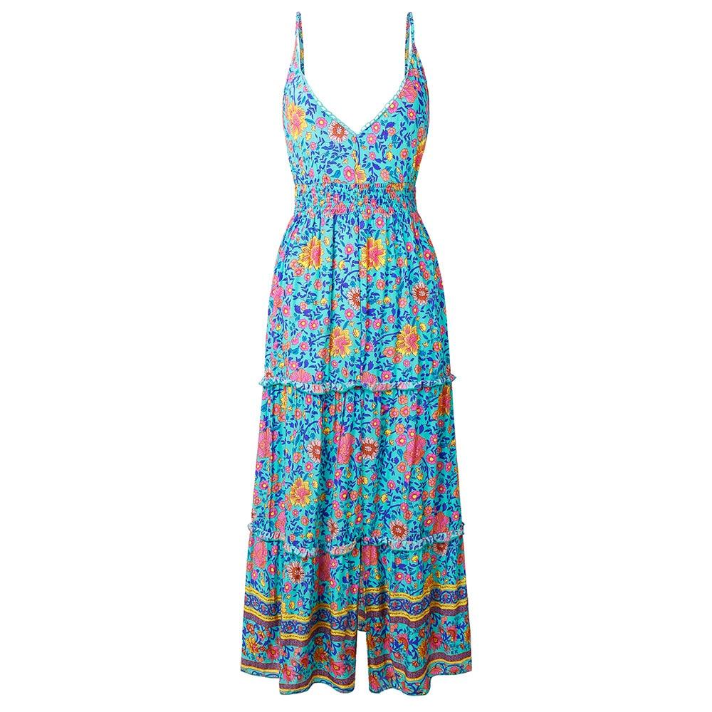 Boho Spaghetti Strap Floral Printed V Neck Summerr Beach Maxi Dress ...