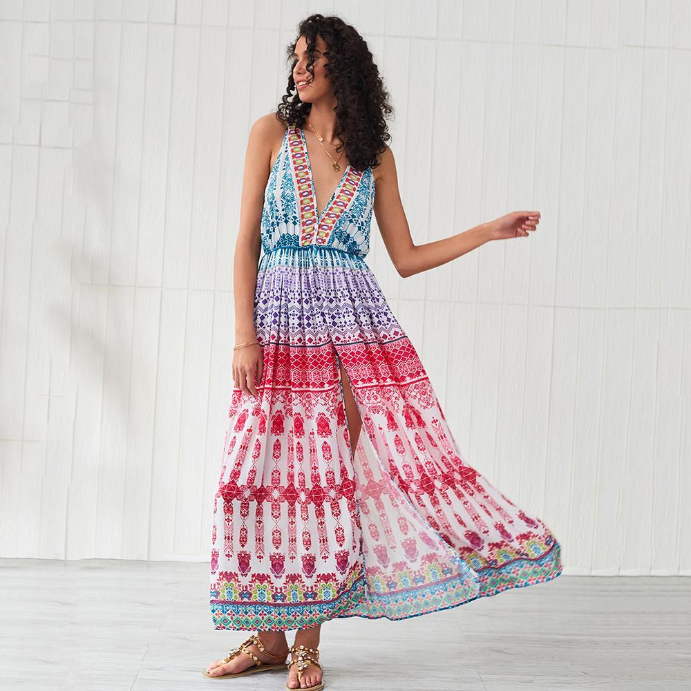 Boho Sleeveless V Neck Beach Summer Long Maxi Dress Voguetide