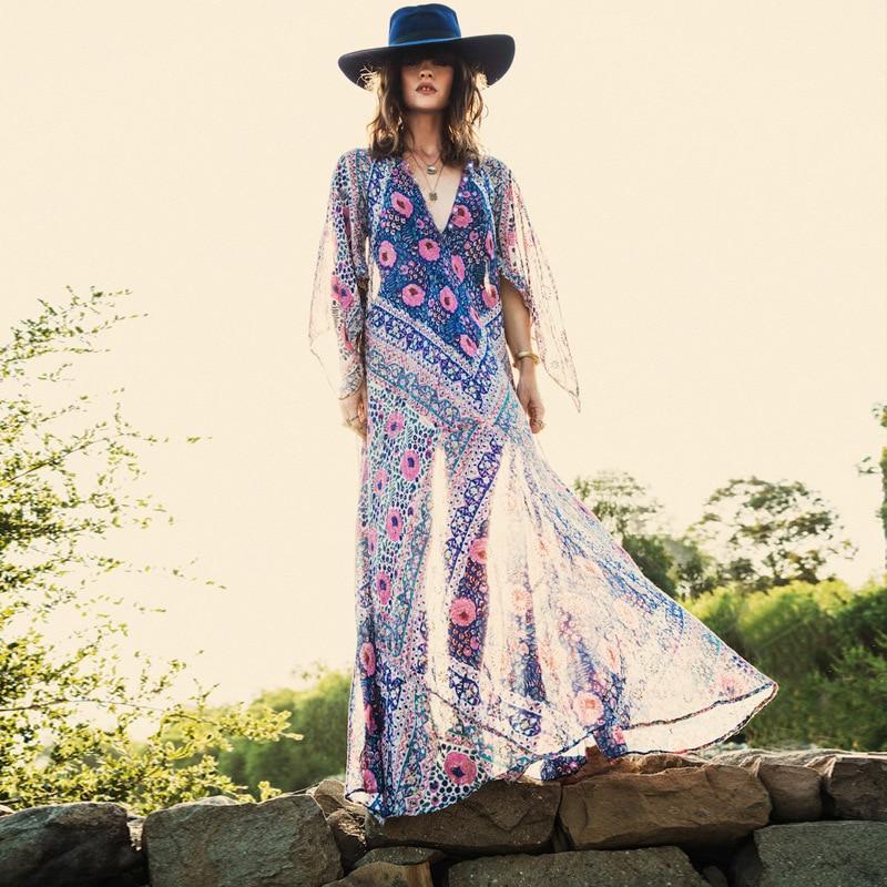 Bohemian Long Sleeve V Neck Floral Print Summer Maxi Dress Vestidos ...