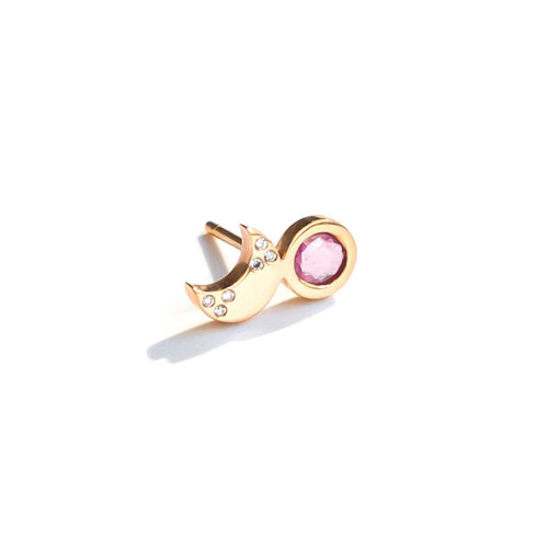 Lua Pink Sapphire Stud by Moritz Glik, crescent shaped stud with 18 karat rose gold and pink sapphires with white diamonds