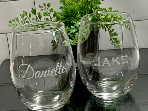 Personalized Etched Wine Glass with Designer Script Name, Glass or Crystal