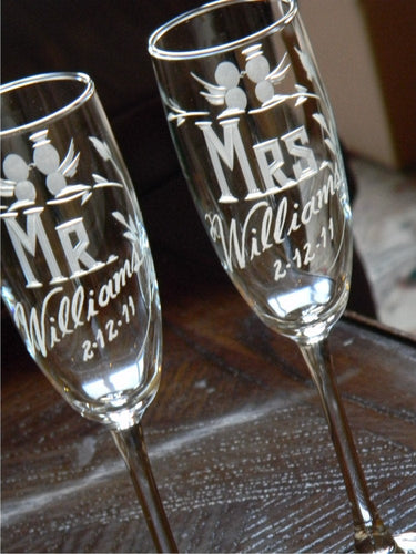 Hand Cut Mr. and Mrs. Beach Destination Wedding Champagne Flute