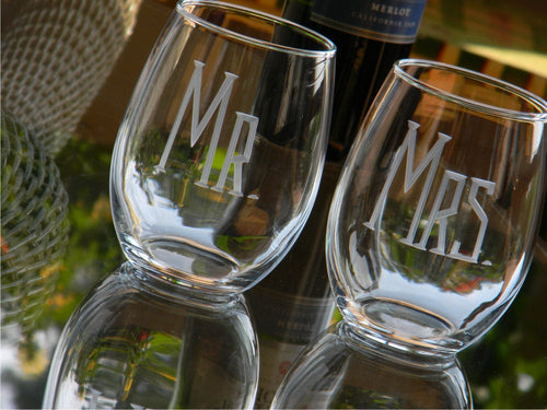 Hand Cut Personalized Mr & Mrs Wine Glass