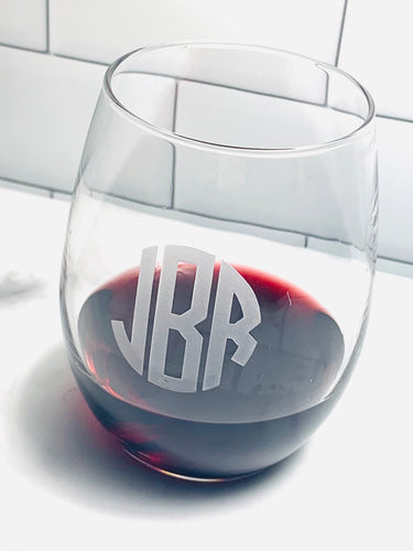 Set of 4 | Stemless Wine Glasses with Hand Cut Monogram, 15 oz