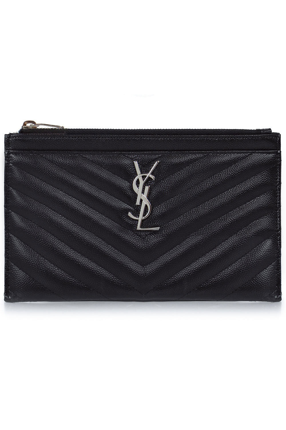 Yves Saint Laurent Light Grey Quilted Pebbled Leather Monogram Large Bill  Pouch Wristlet Bag - Yoogi's Closet