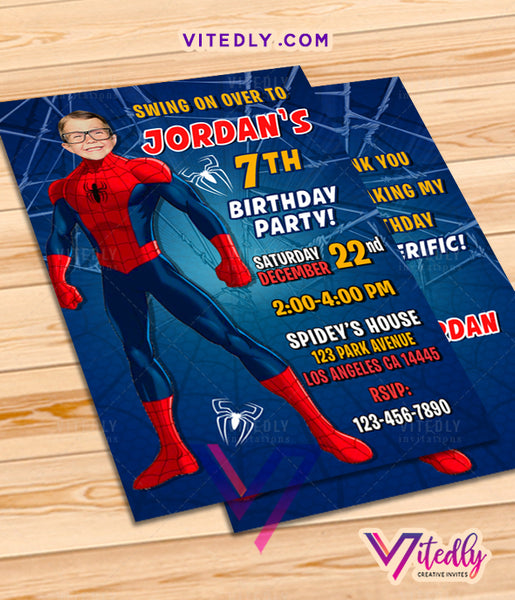 Spiderman Invitations with custom face and FREE Thank you card – Vitedly