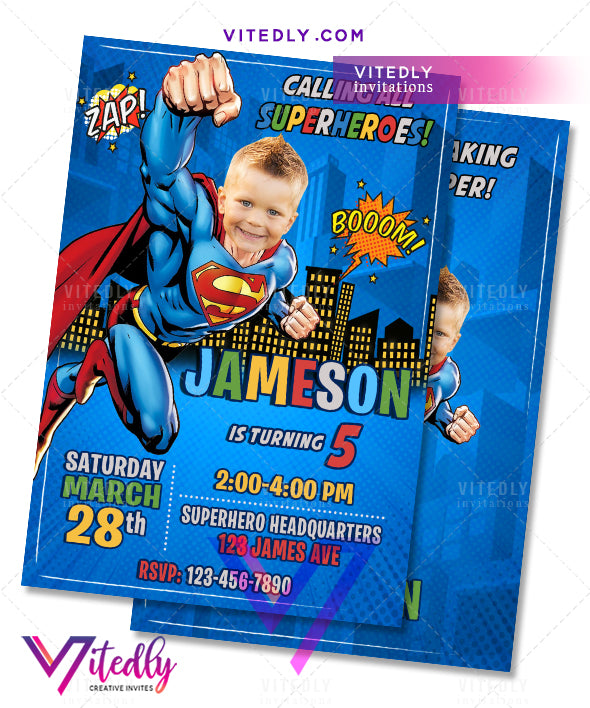 Superman Invitations with custom face and FREE Thank you card – Vitedly