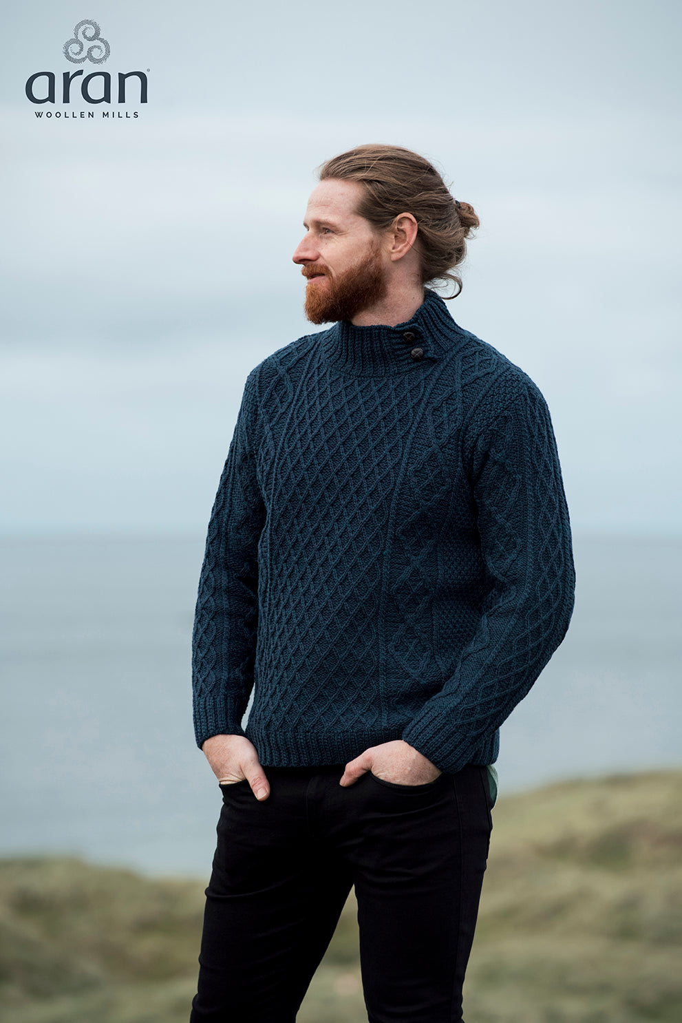 Men's Cowl Neck Aran Sweater