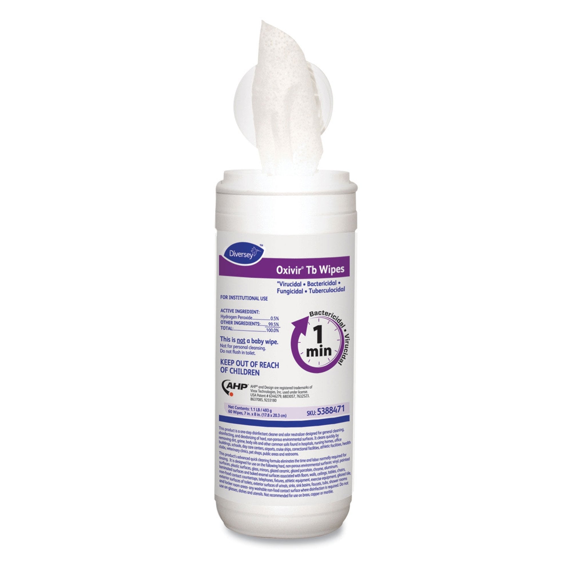 Diversey™ Oxivir® Tb Surface Disinfectant Cleaner Premoistened Hydrogen Peroxide Based Manual Pull Wipe 60 Count Canister Unscented NonSterile