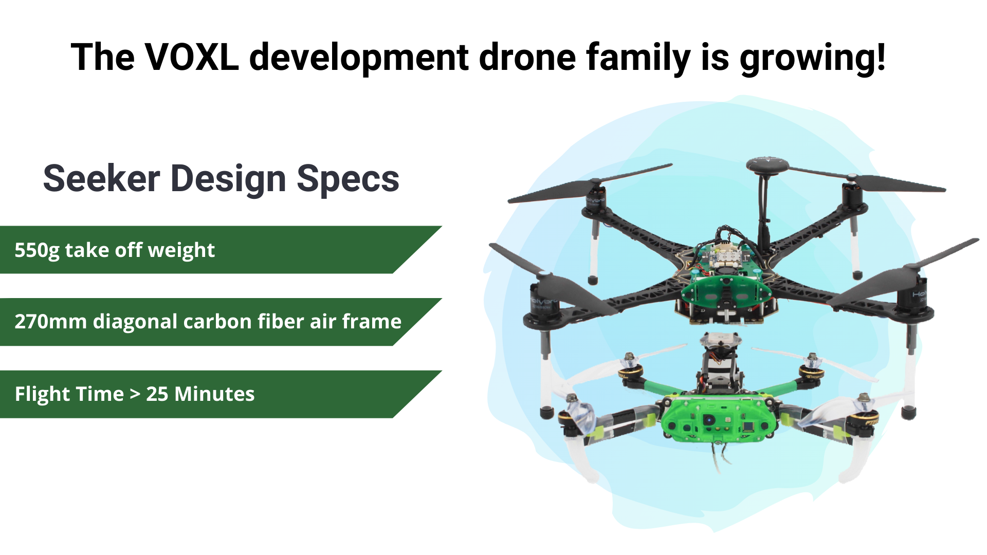 The VOXL development drone family is growing! Seeker design specs - 550g take off weight - 270mm diagonal carbon fiber air frame - Flight time > 25 minutes