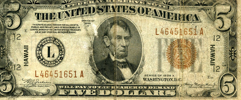 US $5 1934 Hawaii Emergency Note Front