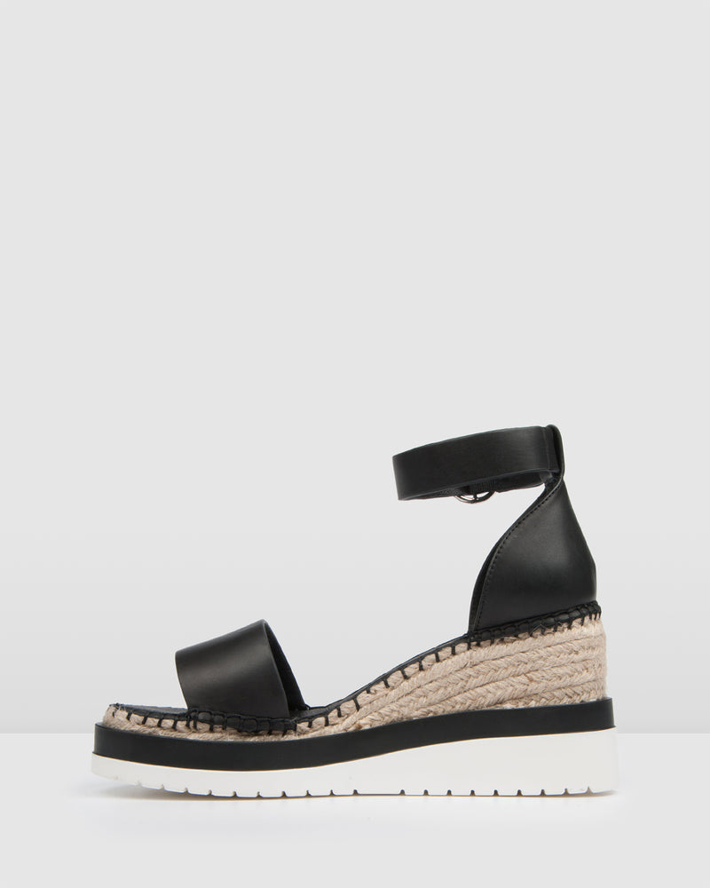 MILES FLAT ESPADRILLE SANDALS BLACK LEATHER - Jo Mercer