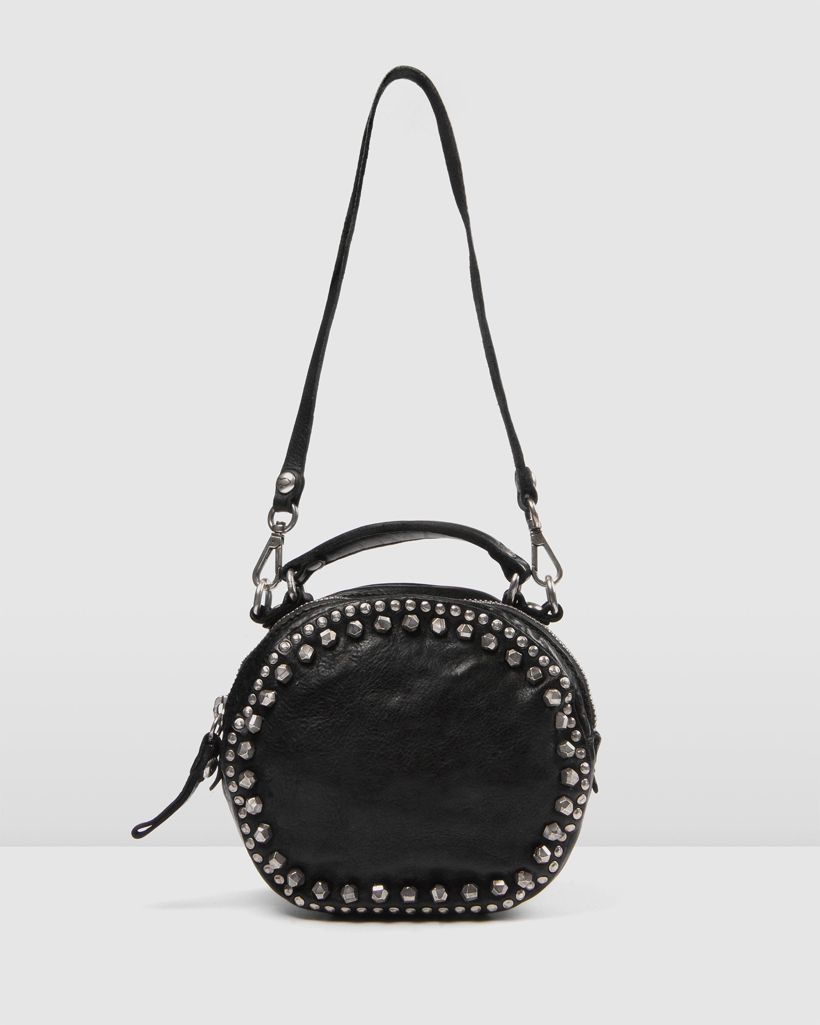 round black leather crossbody bag