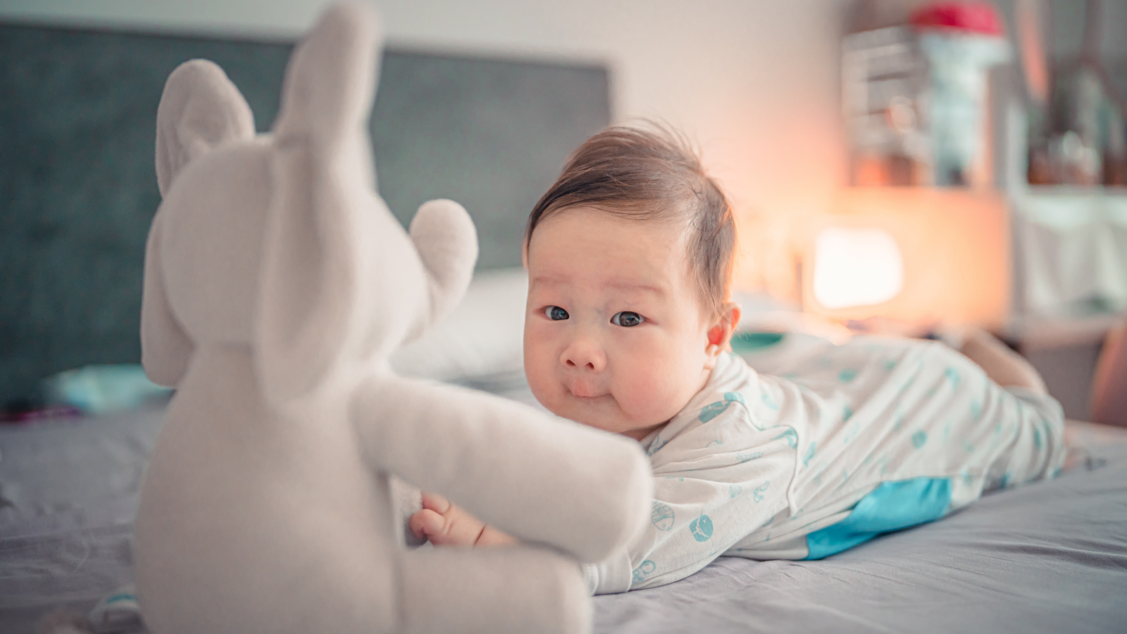 bébé avec peluche éléphant doudoud