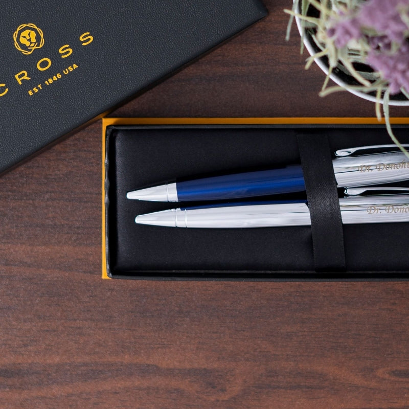 Cross Pens Calais Chrome and Blue Lacquer Double Ballpoint Pen set in Gift Box