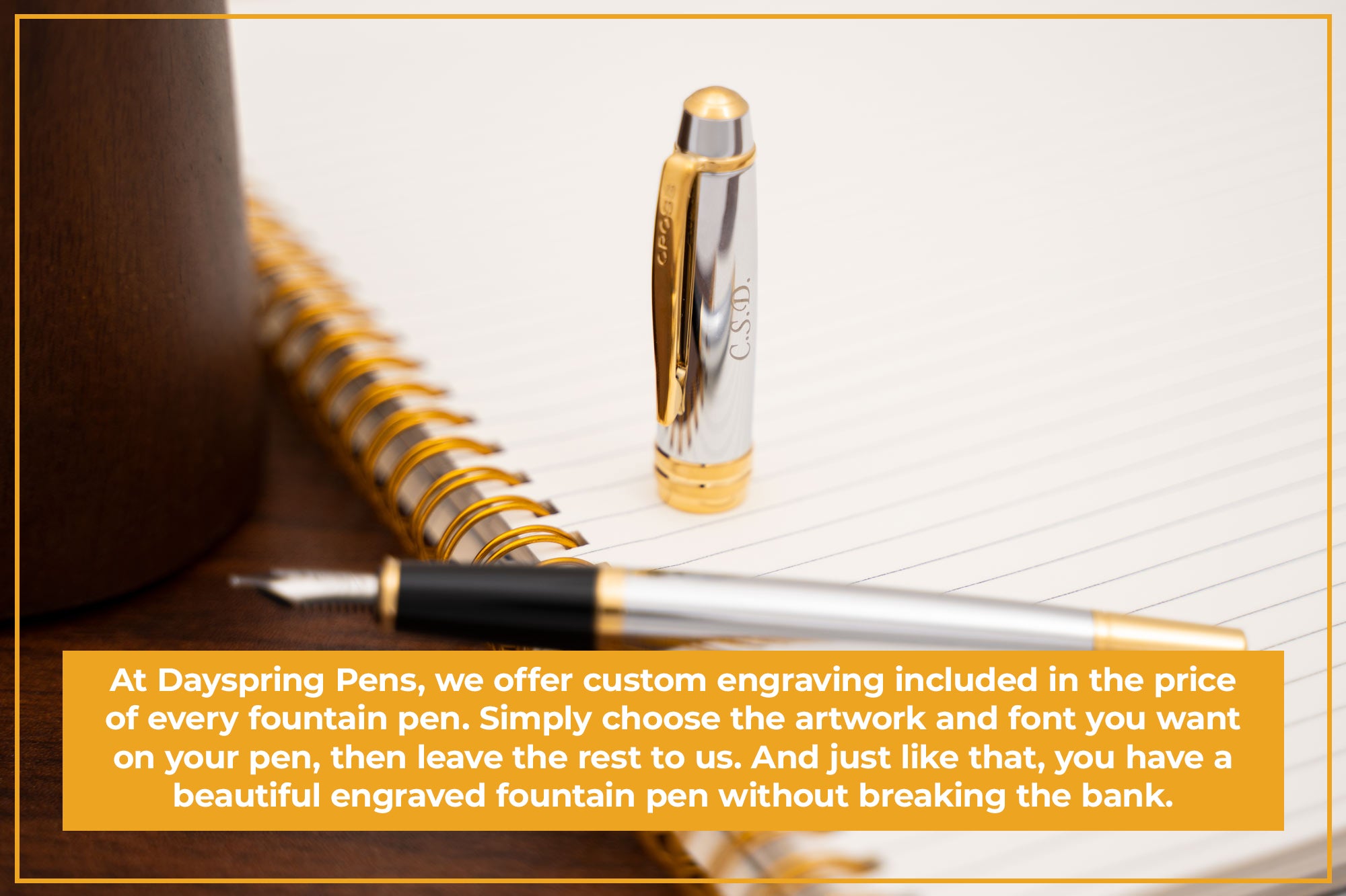 Infographic Banner of the engraving process at Dayspring Pens featuring a Bailey Medalist Fountain pen