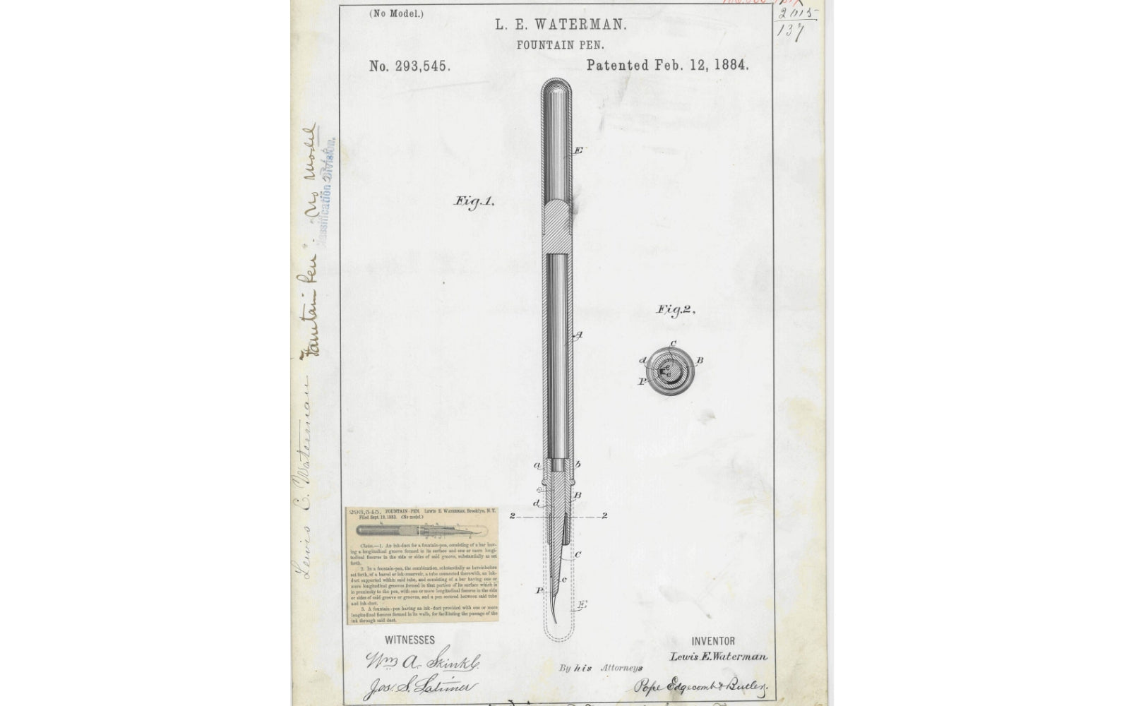 Lewis Waterman Fountain Pen Patent 1884