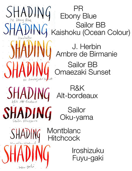 A swatch showing the shading effect of different ink brands