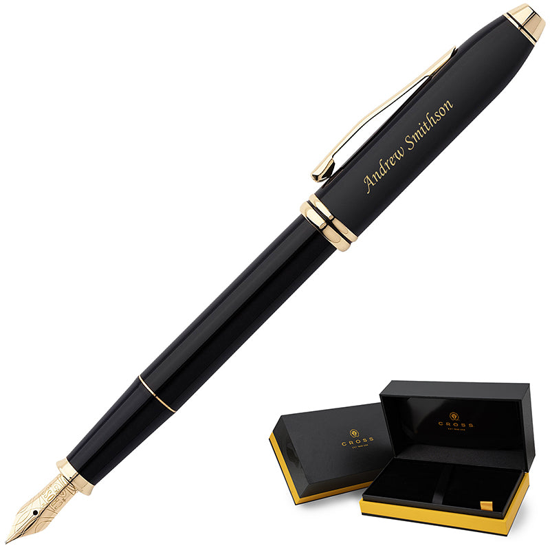 engraved Townsend Black Gold Fountain Pen with pen case