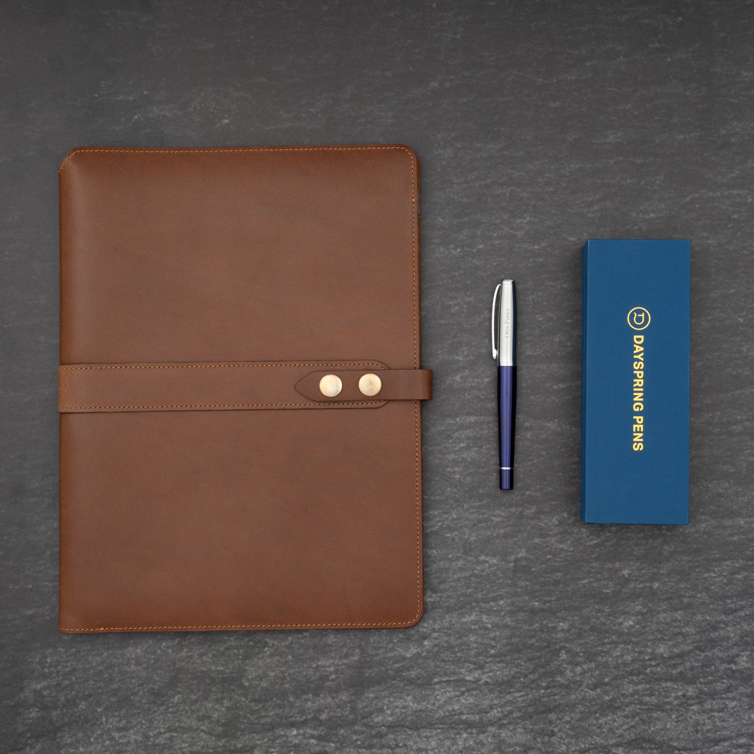 Dayspring Pens A4 Natural Leather Padfolio and Blue Abingdon Rollerball Pen