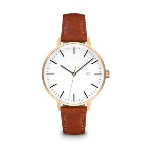 linjer tan brown leather strap minimalist watch with analog white dial