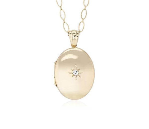 Long Oval Locket with Diamond Accent in 14k Yellow Gold