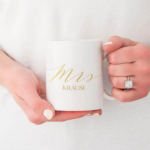 customised white mug with mrs written on the mug is gold foil print