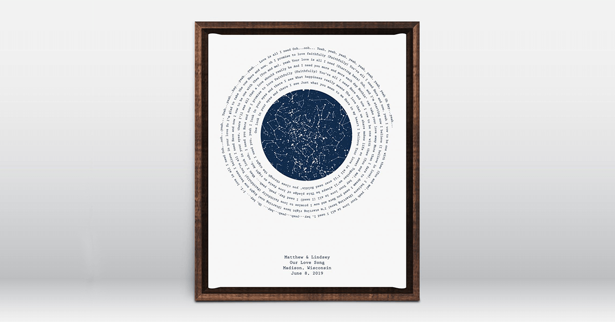 Black frame white print with star map surrounded by song lyrics