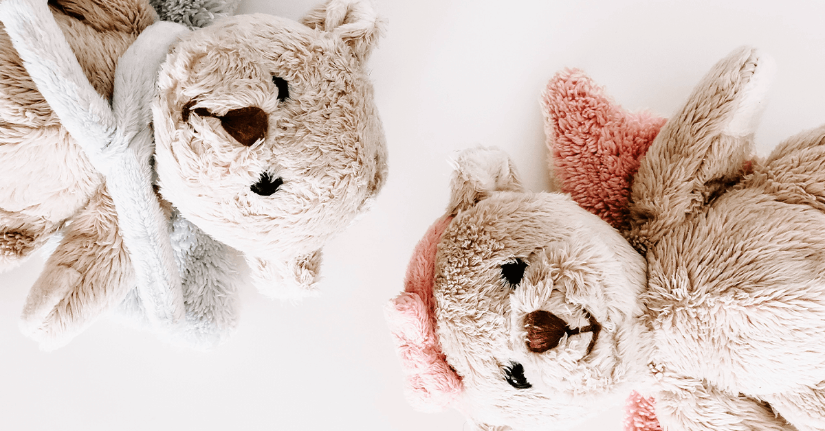 Two light brown fluffy teddies lying down on white background