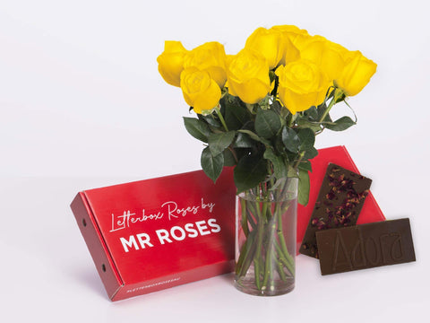long stem yellow roses with chocolate gift box